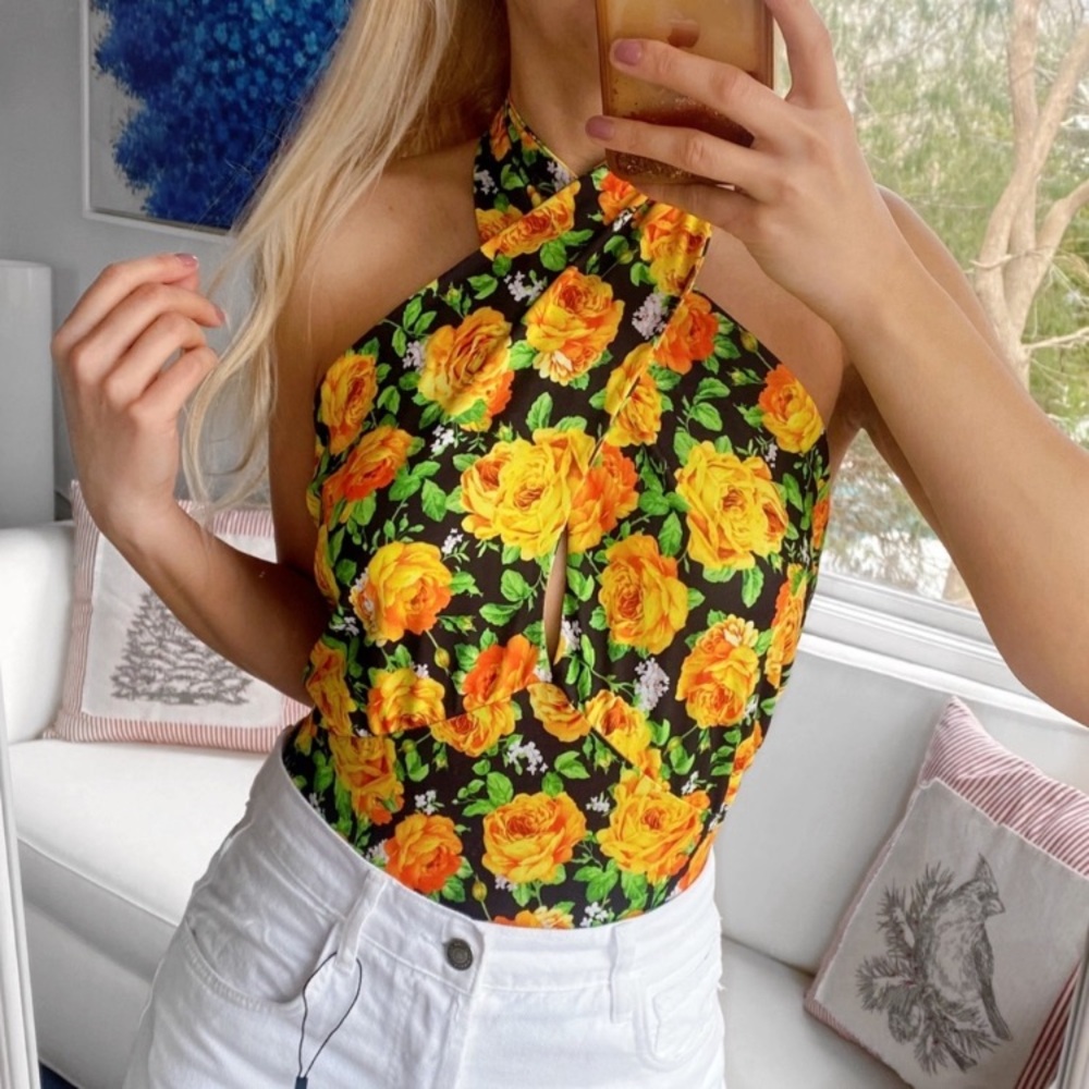 NWT Zara bodysuit floral print in yellow green and black, size S